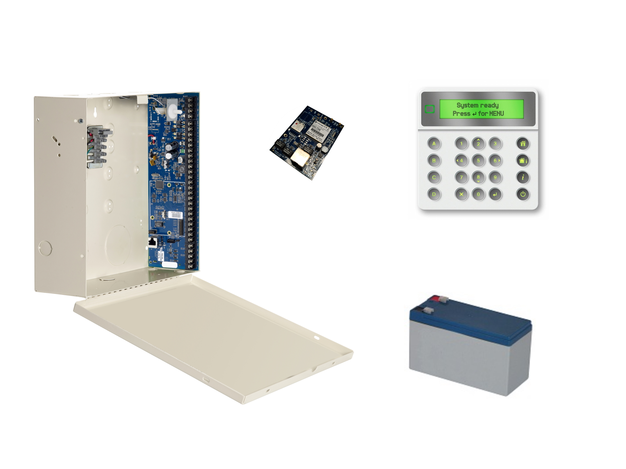 10000131 NXG Kit, IP centrale 8-48 zones, wit LCD keypad, 4G modem + antenne + SIM kaart, batterij