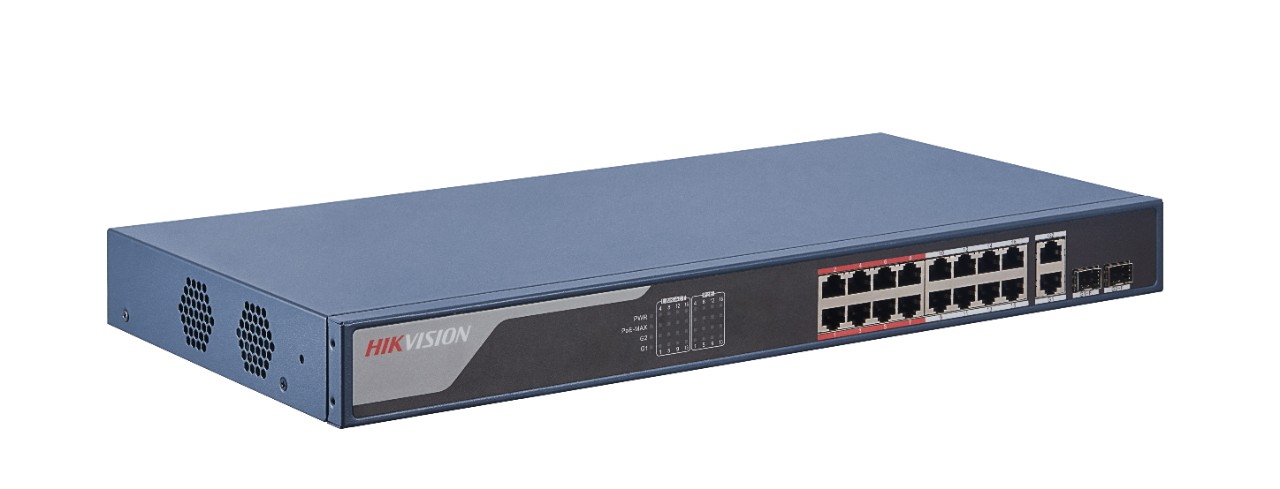 20000769 UIT ASSORTIMENT
Hikvision 18-poort Switch, 16x PoE, extend functie