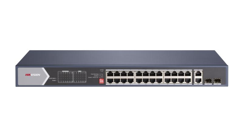 20001243 Hikvision L2 Unmanaged Switch, 20x Gb PoE, 4x Gb Hi-PoE, 2x Gb RJ45 en 2x GB SFP Uplink poorten