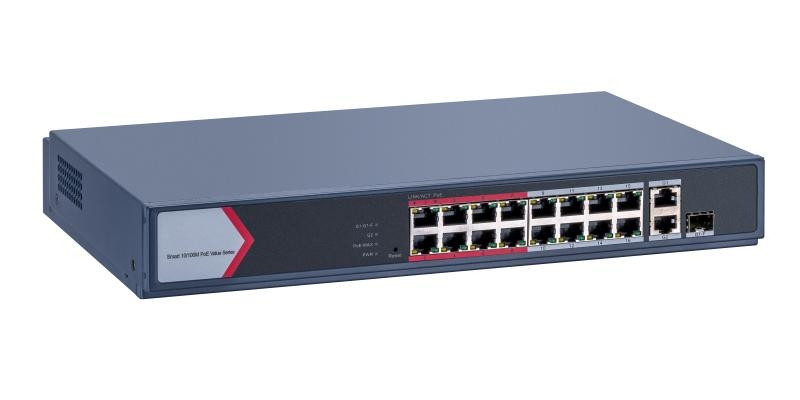 20001246 UIT ASSORTIMENT
Hikvision 16-poorts Smart Managed Switch 16x 10/100M PoE poorten, 1x Gb poort, 1x Gb combo poort
