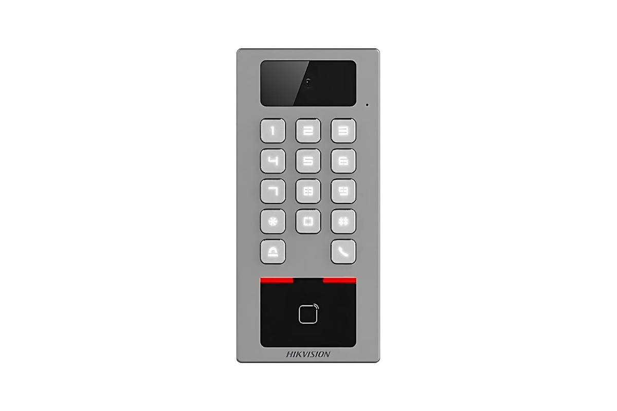 20001926 Hikvision Toegangscontroleterminal met geïntegreerde kaartlezer, toetsenbord en Video-ondersteuning, IP65 & IK09