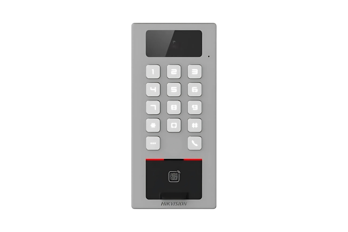20001927 Hikvision Toegangscontroleterminal met geïntegreerde kaartlezer, toetsenbord, vingerafdrukscanner en Video-ondersteuning, IP65 & IK09