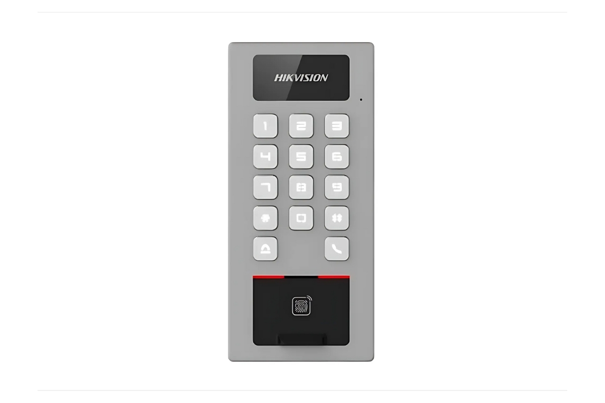 20001929 Hikvision Toegangscontroleterminal met geïntegreerde kaartlezer, toetsenbord, vingerafdrukscanner en SIP-ondersteuning, IP65 & IK09
