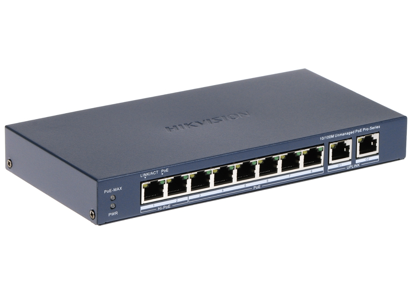 20002212 Hikvision 8-poorts Gigabit unmanaged PoE switch, 2x Gb uplink poorten