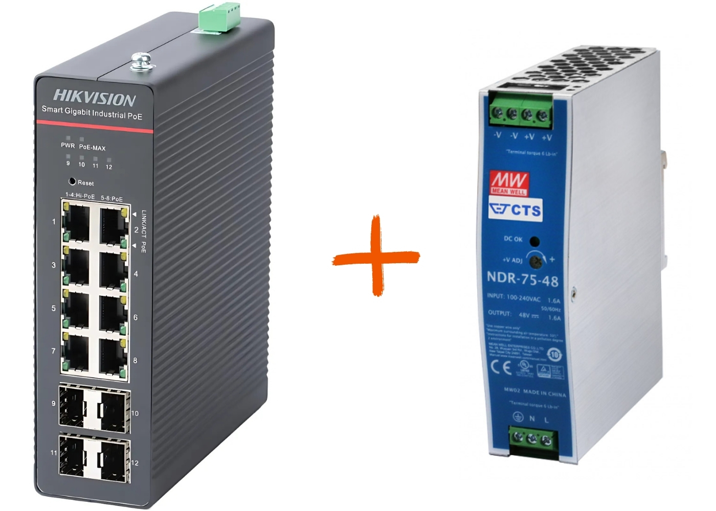 20002214 Hikvision Kit, 8-poorts Gigabit Smart managed Industrial POE-switch + NDR-75-48 75 W voeding