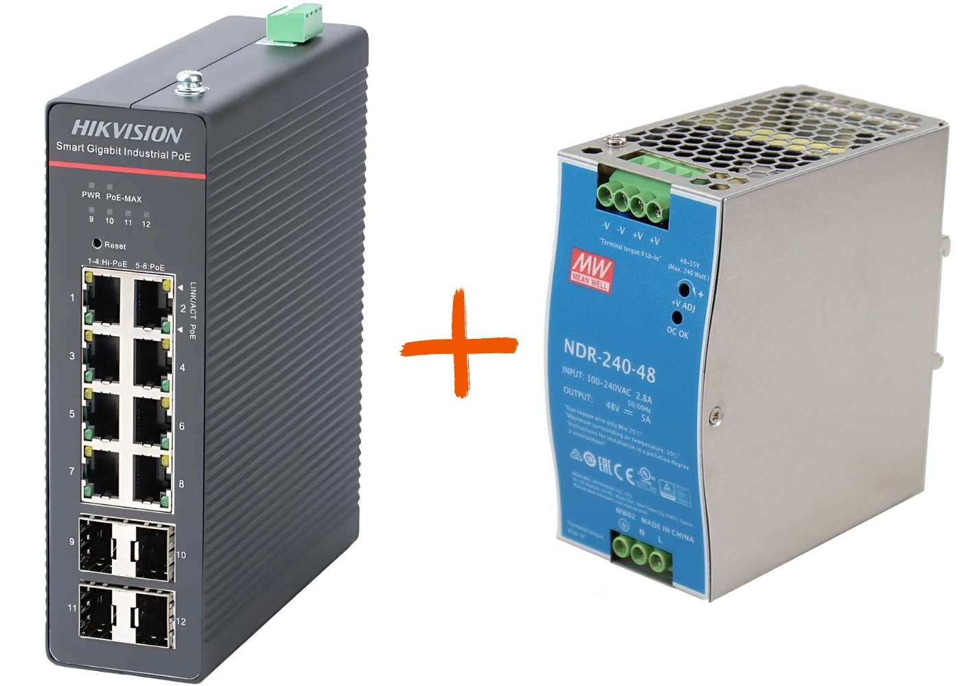 20002215 Hikvision Kit, 8-poorts Gigabit Smart managed Industrial POE-switch + NDR-240-48 240 W voeding
