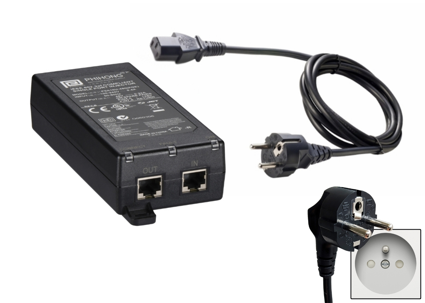 20010620 Gigabit 802.3bt 60 W PoE Injector, Indoor, single port inclusief EU voedingskabel