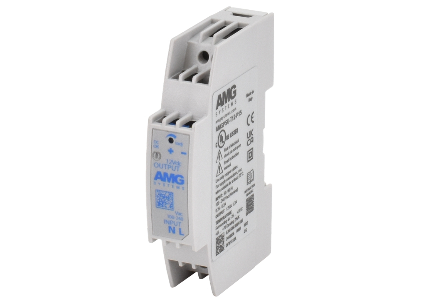 20065247 AMG 12 VDC, 15W (1,2A) industriële voeding, DIN-railmontage, -25°C ~ +70°C, (instelbaar 11-14 VDC), NDAA- en TAA-conform