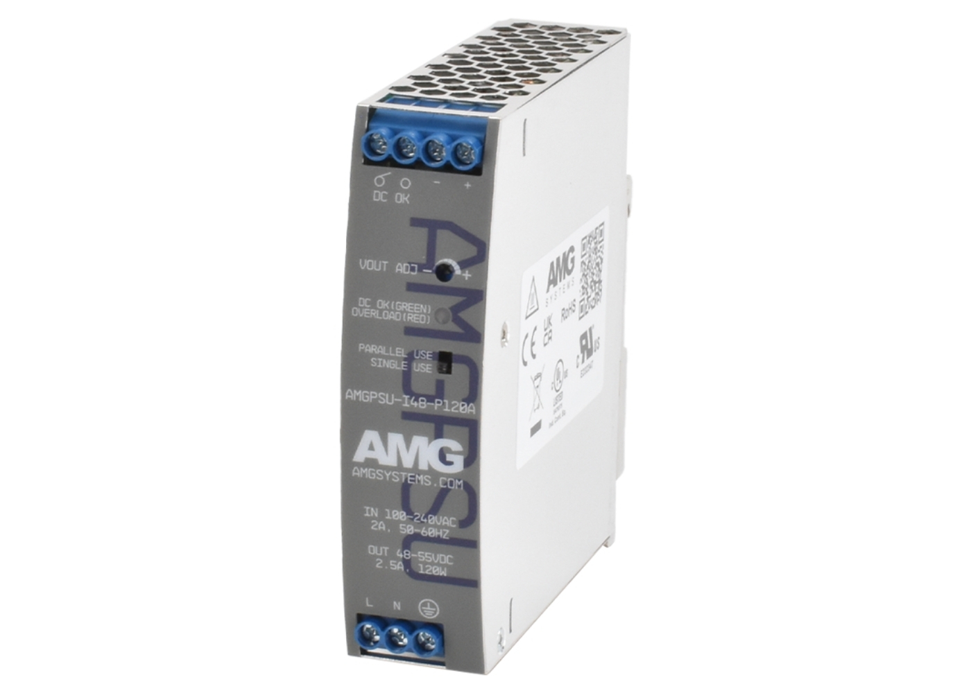 20065250 AMG 52 VDC, 120W (2,3A) industriële voeding, DIN-railmontage, -40°C tot +70°C, storingsrelaisuitgang (instelbaar 48-55 VDC)