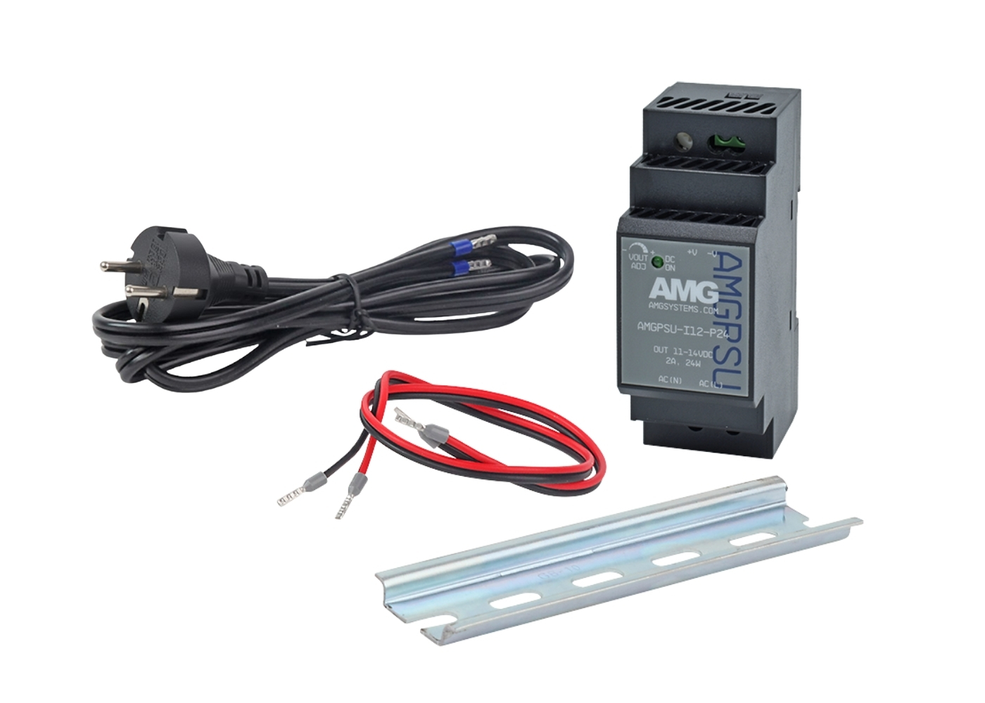 20065256 AMG 12 VDC, 24W (2A) industriële voedingset, DIN-railmontage, -40°C tot +70°C, (instelbaar 11-14 VDC), inclusief EU voedingskabel, 400 mm DC-voedingskabel en 125 mm DIN-rail voor PSU- en apparatuurmontage