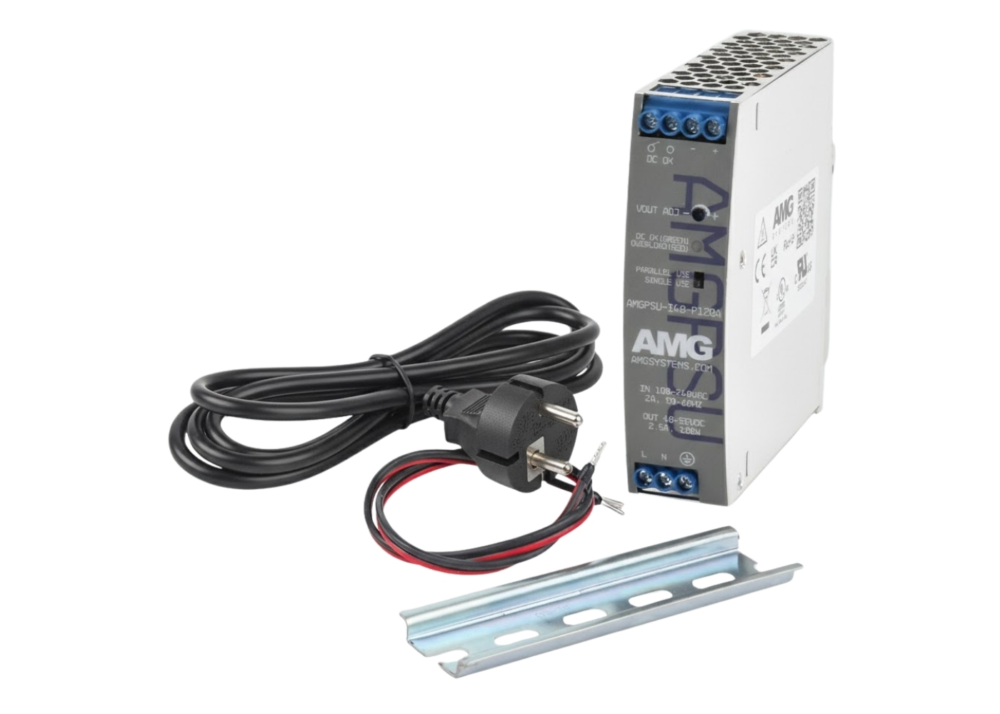 20065258 AMG 52 VDC, 120W (2,3A) industriële voeding, DIN-railmontage, -40°C tot +70°C, storingsrelaisuitgang (instelbaar 48-55 VDC), inclusief EU-voedingskabel, 400mm DC-voedingskabel en 125mm DIN-rail voor montage van voeding en apparatuur