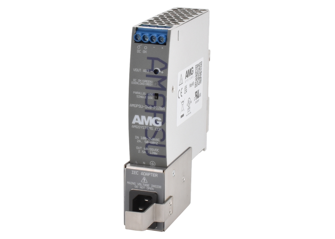 20065261 AMG 52 VDC, 120W (2,3A) industriële voeding, DIN-railmontage, -40°C tot +70°C, storingsrelaisuitgang (instelbaar 48-55 VDC), IEC-netvoeding, inclusief EU-voedingskabel met linkse hoek, IEC-vergrendelingsbeugel, 400 mm DC-voedingskabel en 125 mm DIN-rail voor montage van voeding en apparatuur