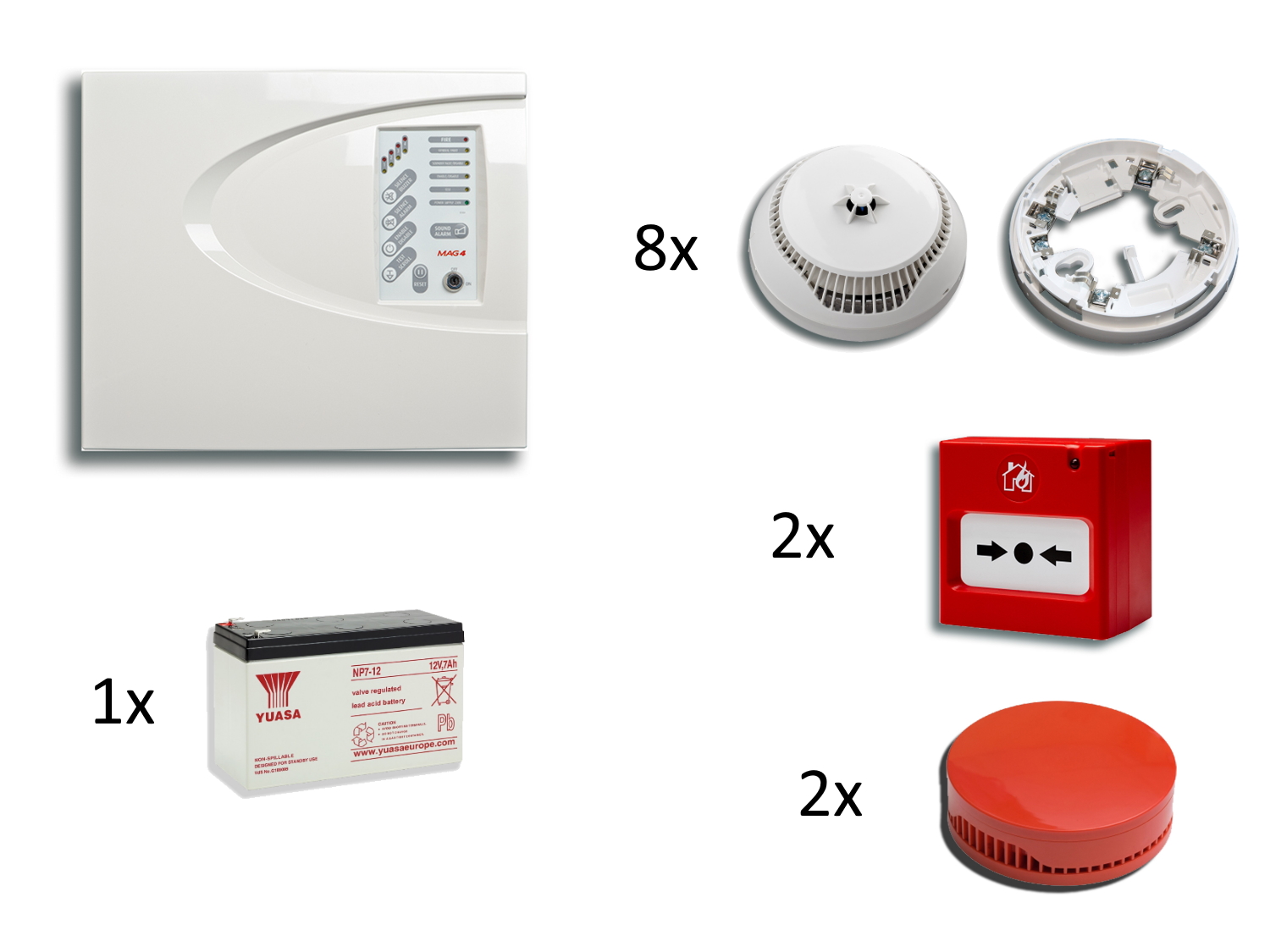30050033 Teletek Kit met 1 conventionele brandcentrale, Accu, 8x multicriteria detector + sokkel, 2x handmelder en 2x rode binnensirene.