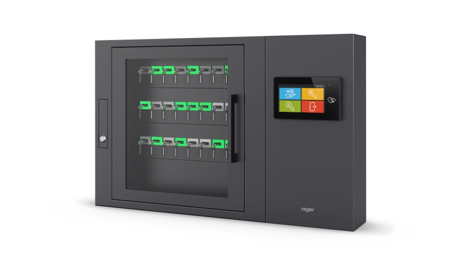 40011042 Elektronische sleutelkast met 7” touch-bedieningspaneel; 24 RFID-ID-sleutelhangers; sleutelhangers die door de gebruiker aan sleutels zijn bevestigd; glazen deur; 230 VAC-voeding