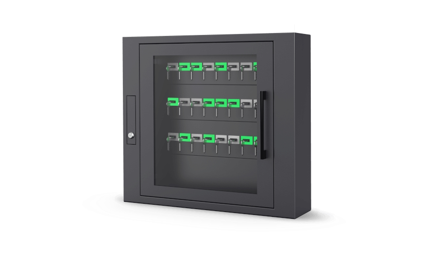 40011043 Elektronische sleutelkast zonder bedieningspaneel; 24 RFID-ID-sleutelhangers; sleutelhangers die door de gebruiker aan sleutels zijn bevestigd;
230 VAC-voeding; aansluiting op de RKD32 of sleutelkast RKD24CT vereist