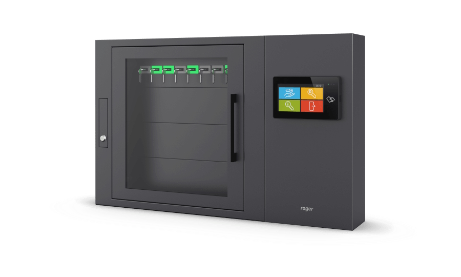 40011046 Elektronische sleutelkast met 7” touch-bedieningspaneel; 8 RFID-ID-sleutelhangers; sleutelhangers die door de gebruiker aan sleutels zijn bevestigd; glazen deur; 230 VAC-voeding