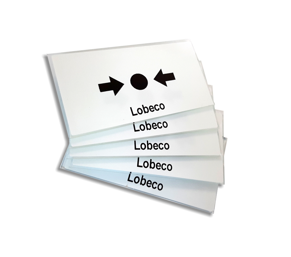 61215 Reserveglas handbrandmelder met tekst Lobeco 76x40mm (PER 5 STUKS)